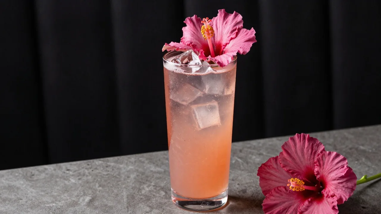 Mocktail Aurore rose hibiscus sans alcool servi sur glace avec tonic maison, teinte aurore lumineuse, verjus et fleur, fond sombre élégant