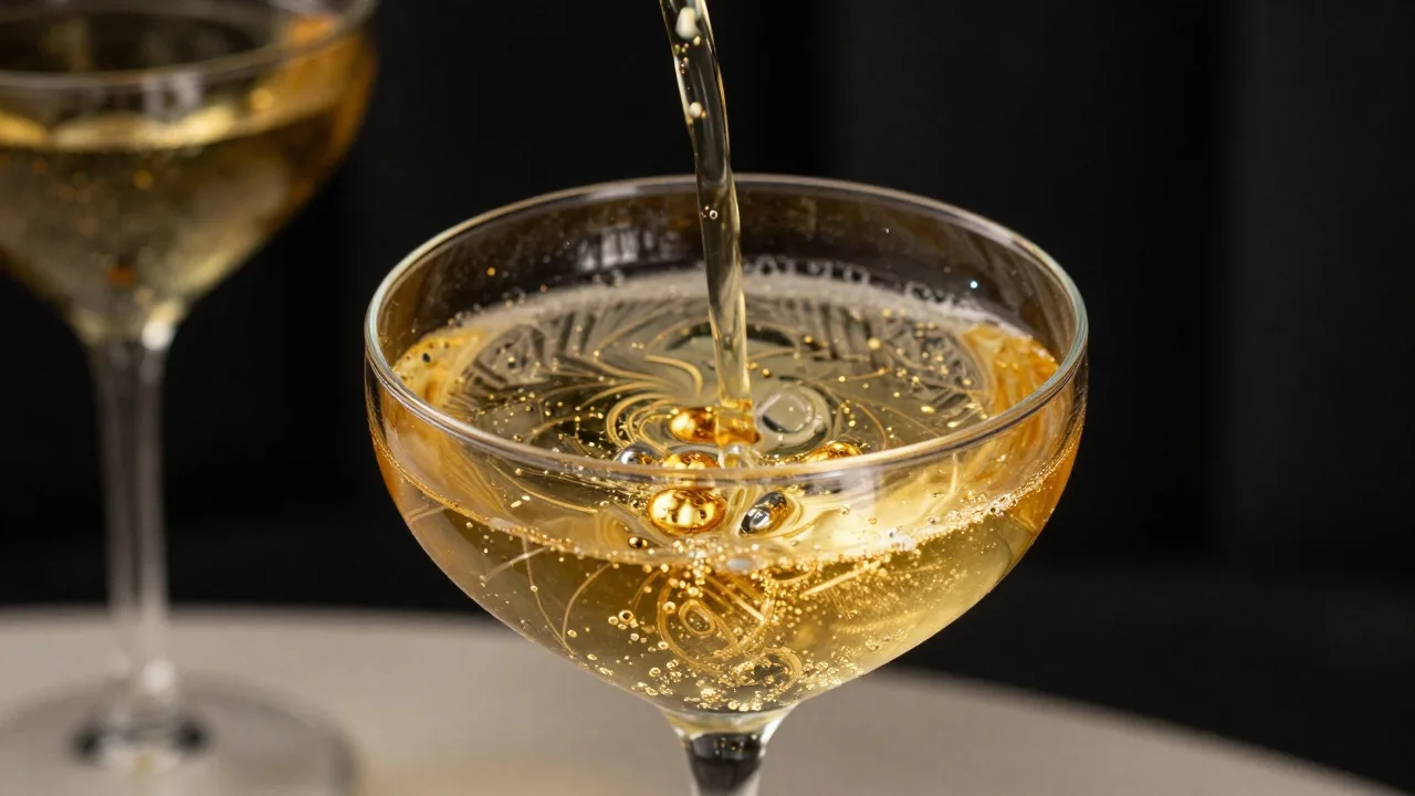 Coupe de champagne pétillante rehaussée d'éclats d'or comestible, bulles fines, lumière dorée, élégance Art déco sur fond sombre