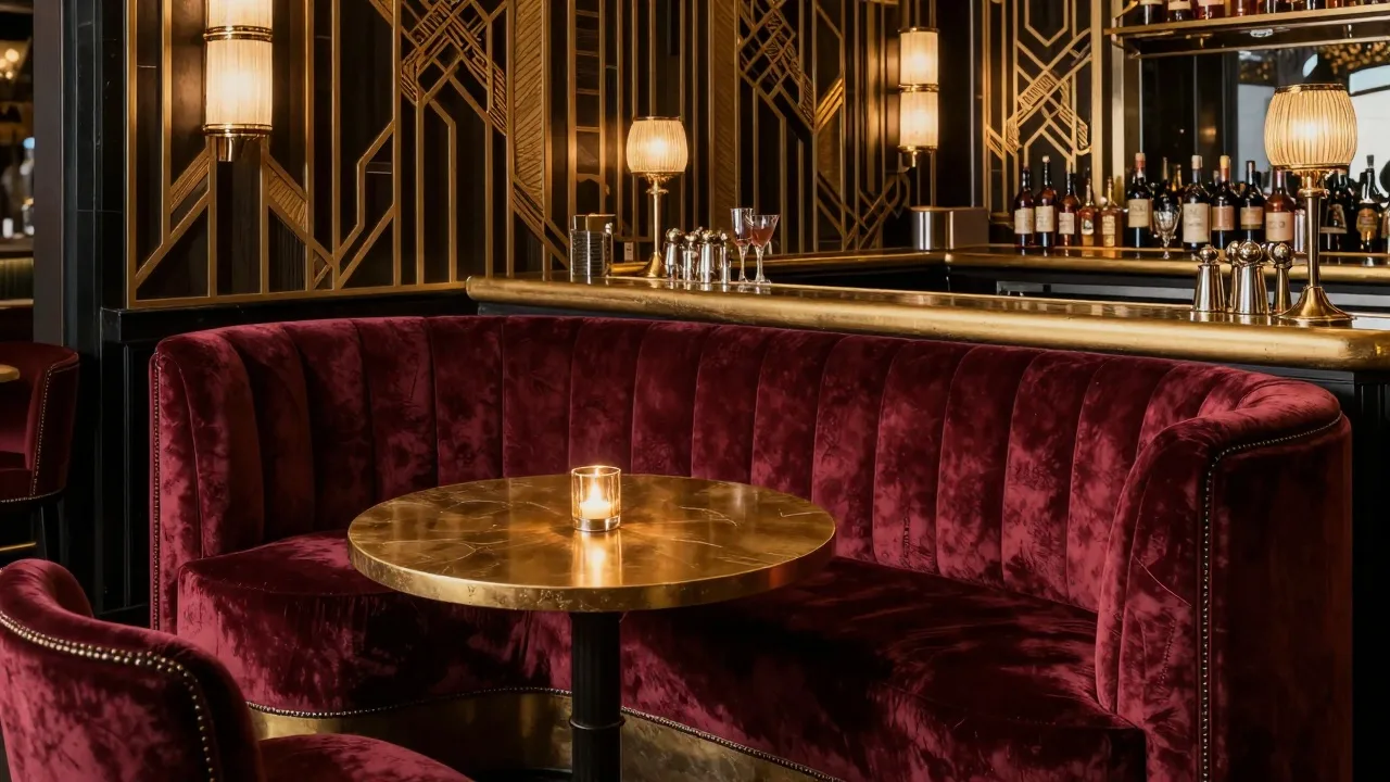 Salle de speakeasy Art déco la nuit, fauteuils de velours bordeaux, comptoir en laiton, bougies et lumière tamisée, atmosphère intime et feutrée