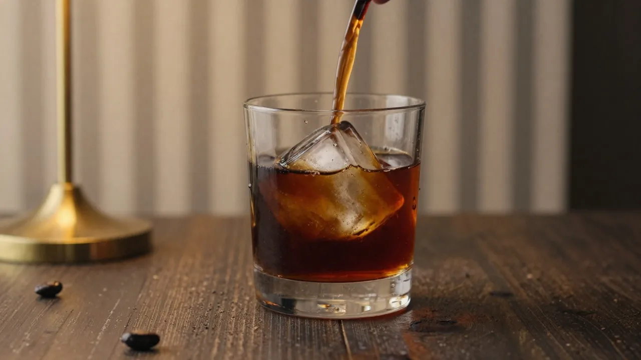 Cocktail Velours Noir au bourbon infusé café dans un verre old fashioned, teinte brun cacao profond, glaçon taillé, ambiance feutrée bordeaux et laiton
