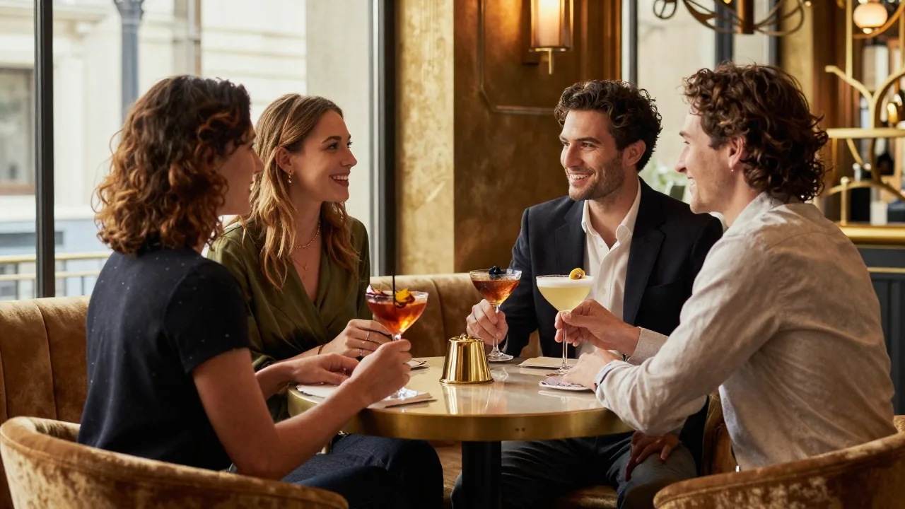 Groupe d'amis élégants trinquant avec des cocktails dans un bar privatisé Art déco, ambiance festive et intime, lumière dorée tamisée, velours et laiton